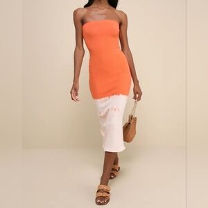 Lulus Outstanding Cutie Orange Ombre Ribbed Strapless Midi Dress, Size Medium